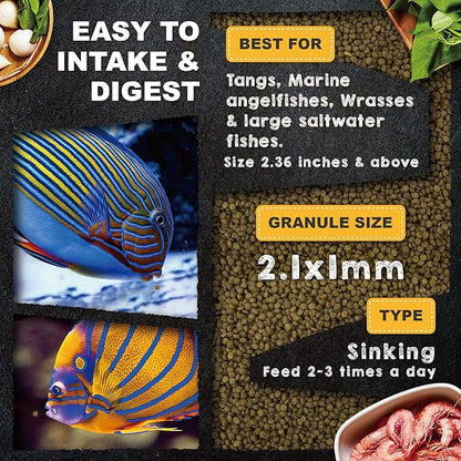 Ultra Fresh Marine Fish Food, 75% Sword Prawns + Squids, Natural Protein, Color Enhancement, for Large Saltwater Fish, Marine Shrimp Patties L 5.29oz