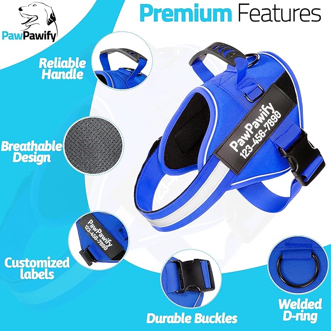 PawPawify Custom No Pull Dog Harness with Name and Phone Number, Heavy Duty Personalized Pet Vest to Prevent Tugging, Pulling, or Choking, Training and Walking (New Blue, M (20-40 LBS))