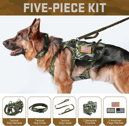 Forestpaw Tactical Dog Harness Tactical Dog Collar with Bungee Leash Set,No Pull Military Dog Harness for Walking Training,Adjustable for Medium Large Dogs,Camouflage Green,Chest 19.5-41.5"