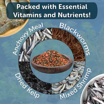 Aquatic Foods Inc. 12-Type Floating & Sinking California Blackworm & Coloring Pellets of 1mm, 2mm, 3mm Size for All Tropical Fish, Koi and Pond Fish, 4-Type Wafer Mix Included...10oz Canister