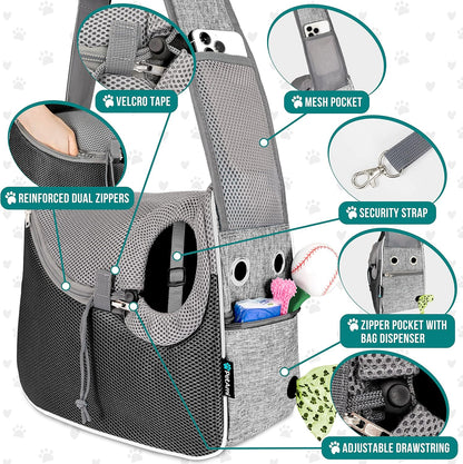PetAmi Small Dog Sling Carrier, Soft-Sided Crossbody Puppy Carrying Purse Bag, Adjustable Sling Pet Pouch to Wear Medium Dog Cat Travel, Dog Bag for Traveling, Poop Bag Dispenser, Max 10 lbs, Gray