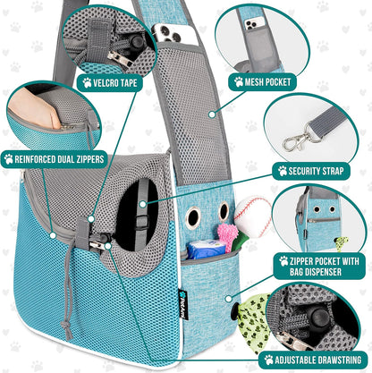 PetAmi Small Dog Sling Carrier, Soft-Sided Crossbody Puppy Carrying Purse Bag, Adjustable Sling Pet Pouch to Wear Medium Dog Cat Travel, Dog Bag for Traveling, Poop Bag Dispenser, Max 10 lbs, Blue