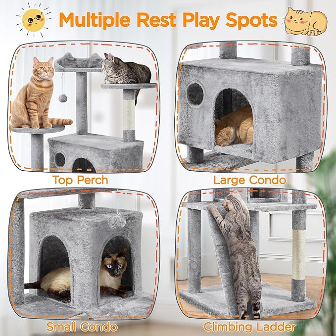 Yaheetech Tall Cat Tree, 80in Multi-Level Cat Tower with Scratching Posts, Double Caves, Perched Platforms and Dangling Balls, Pet Stand House for Kittens, Light Gray