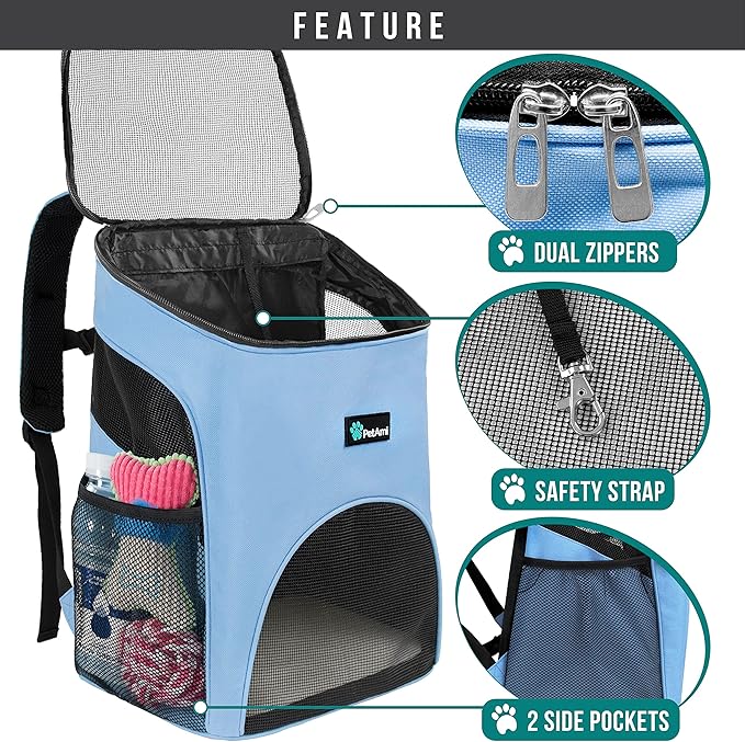PetAmi Small Dogs and Cat Backpack Carrier, Airline Approved Pet Backpack Carrier, Ventilated, Safety Strap, Buckle Support Designed for Hiking Travel Camping Outdoor, Max 18 lbs (Light Blue)