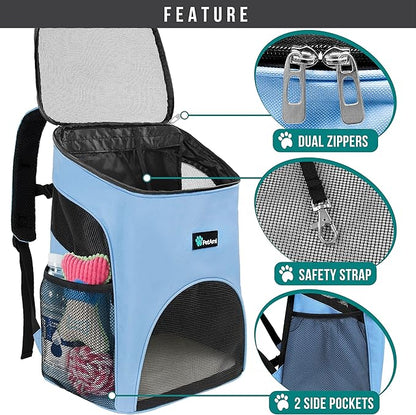 PetAmi Small Dogs and Cat Backpack Carrier, Airline Approved Pet Backpack Carrier, Ventilated, Safety Strap, Buckle Support Designed for Hiking Travel Camping Outdoor, Max 18 lbs (Light Blue)