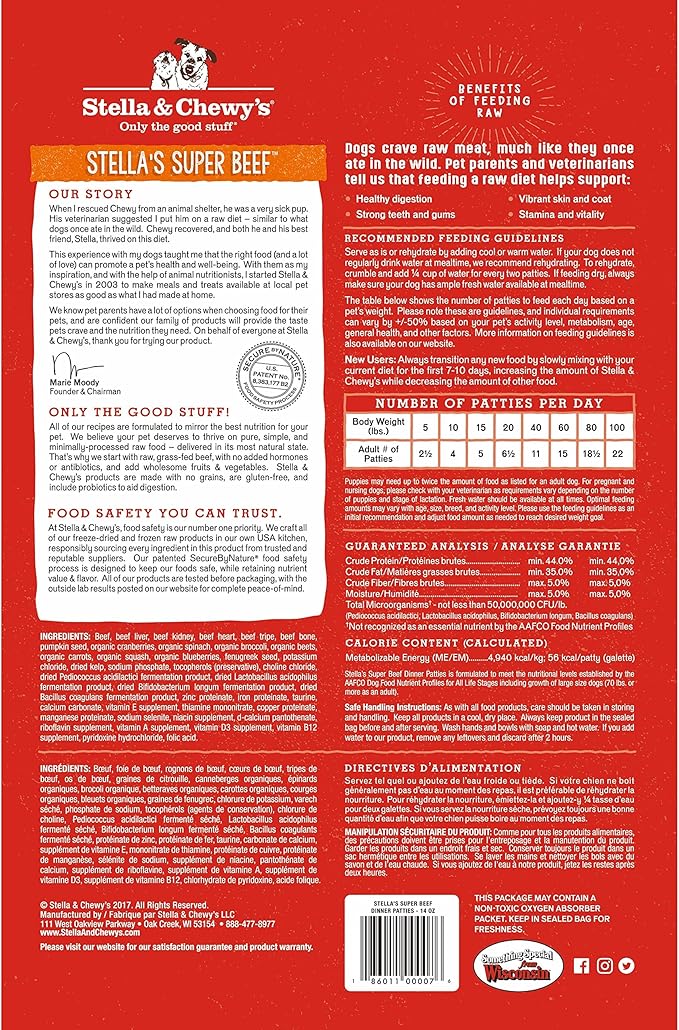 Stella & Chewy's Freeze-Dried Raw Dinner Patties - Beef Recipe - High Protein Grain-Free Puppy & Dog Food - Perfect For Picky Eaters - 5.5 oz