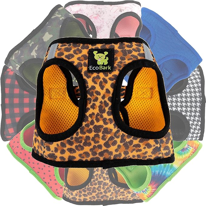 EcoBark Step in Dog Harness - Eco-Friendly Small Breed Dog Harnesses for XS and Small Dogs - Reflective and Adjustable Mini Body Halter Vest - Soft Mesh Toy Breed Harness (Cheetah,Small)