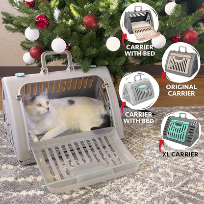 SportPet Designs Foldable Travel Cat Carrier - Front Door Plastic Collapsible Carrier Collection, Waterproof Bed